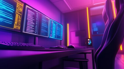 Futuristic workspace with glowing monitors displaying code in a vibrant, tech-inspired environment