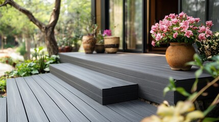 Serene outdoor patio with composite decking stairs and a pot of pink azaleas creating a tranquil scene