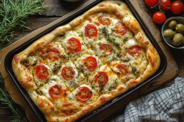 Freshly baked pizza with melted mozzarella, juicy tomatoes, capers, and fragrant thyme rests in a rectangular pan, ready to be enjoyed
