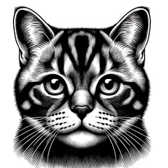 Obraz premium Detailed black and white illustration of a tabby cat's head, focusing on facial features and fur texture..
