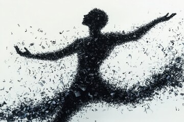 Fototapeta premium Silhouette of a male dancer performing with musical notes exploding around him, expressing the concept of music and dance