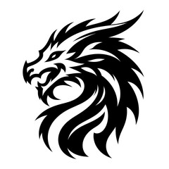 Stylized dragon head profile, black and white graphic design.
