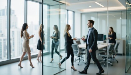 Fototapeta premium A blurred modern office scene showcasing professionals in business attire engaging in conversation within a glass-walled workspace.