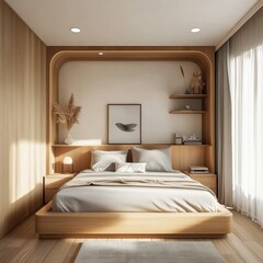 Modern bedroom interior featuring a minimalist wooden design and decor