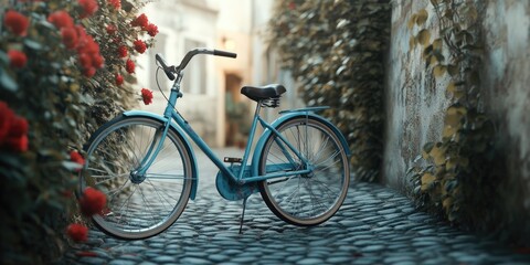 Fototapeta premium Blue Bicycle on Cobblestone Street
