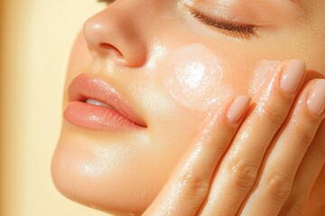 A radiant woman applying Vitamin E serum to her face, close-up shot, smooth skin glow, elegant bathroom setting