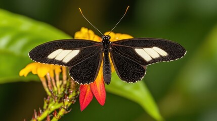 Elegant Black and Yellow Butterfly Resting on Vibrant Flower Petals