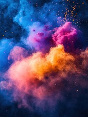 Obraz premium Vibrant explosion of colorful powder creating abstract cloud formation in dark background artistic expression