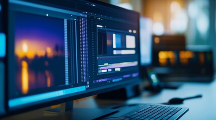 Modern workspace featuring dual monitors displaying vibrant sunset visuals and editing software