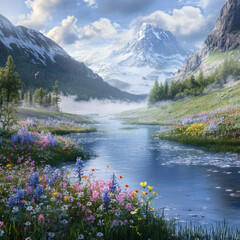 A hidden mountain valley with a crystal-clear river winding through it, vibrant wildflowers along the banks, soft morning fog drifting, cinematic landscape composition. 