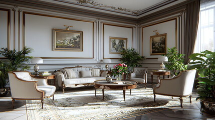 Elegant living room with luxurious furniture, decorative plants, and classic artwork on the walls illuminated by soft natural light.