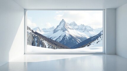 Serene Minimalist Room with Expansive Window Showcasing a Breathtaking Winter Mountain Panorama