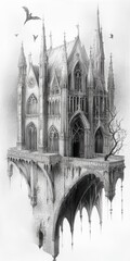 Monochrome Drawing Of Gothic Castle On Clifftop Ruins Illustration Sketch Art Drawing Work Piece Drawing Illustration Of A Dark Gothic Castle On A High Cliff With Birds Flying Around The Architecture