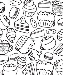Black and white line art illustration featuring adorable cartoon cats interacting with fast food items such as burgers, pizza, fries, and soda. A playful and whimsical pattern.

