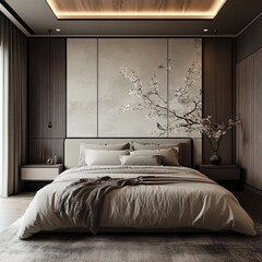 Fototapeta premium Elegant bedroom features soft light and a floral scene