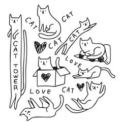 Black and white digital line drawing of various surreal and meme inspired cats with exaggerated expressions and humorous distortions. 
