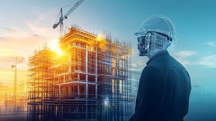 Silhouetted engineer observing a high rise development with futuristic digital overlays of blueprints and construction data