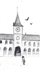 Monochrome Sketch of a Clock Tower and a Person Figure in Front of It. Illustration Style. Drawing. Design. Black and White. Sketching. Architecture and Urban Scene. Grayscale. Historical Building