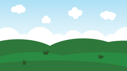 Obraz premium green field with white fluffy cloud on blue sky background. landscape cartoon scene decoration