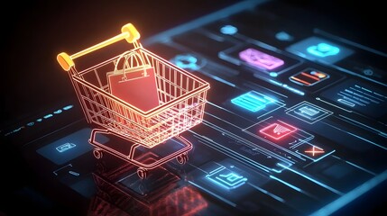 Sleek and minimalist shopping cart with glowing neon outlines and futuristic digital design showcasing a modern e commerce concept on a dark gradient background