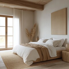 A minimalist bedroom features wood furniture and a neutral color palette