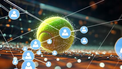 Tennis ball digital network connection with social media icons animation - Powered by Adobe