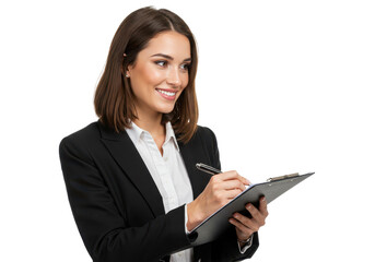 A young professional woman holds a clipboard in one hand and a pen in the other isolated on transparent background
