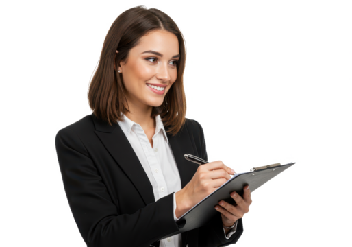 A young professional woman holds a clipboard in one hand and a pen in the other isolated on transparent background