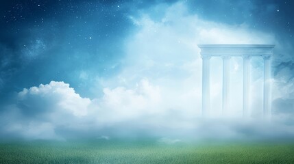 Naklejka premium Serene sky meets majestic white pillar, a captivating scene of architectural grandeur and natural beauty