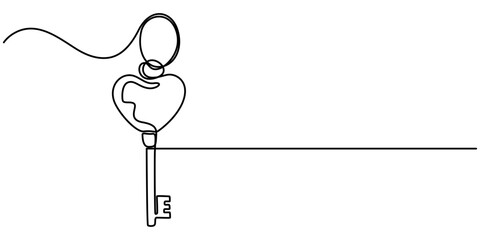 Love key. Continuous line drawing, heart symbol one hand drawn sketch vector illustration. Good for valentine's day greeting banner, poster, and background, Love Keys Black Stroke Linear Icon. 