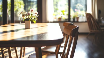 Fototapeta premium Bright and inviting dining area with wooden table, chairs, and floral centerpiece in a sunlit room