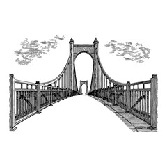 Fototapeta premium Perspective View of Suspension Bridge in Black and White Outline Line Art Drawing Style
