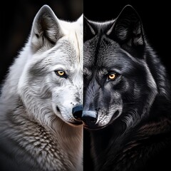 Un loup noir et un loup blanc formant un Yin et Yang parfait, leurs yeux brillants 