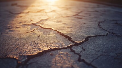 Obraz premium Cracked Ground Surface Under Soft Golden Light at Sunset Time