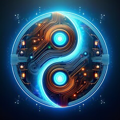 Obraz premium Un Yin et Yang en néon, avec un effet cyberpunk, des circuits électroniques s’entrelacent dans chaque moitié, sur un fond sombre et high-tech