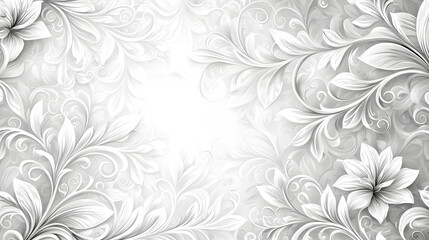 Fototapeta premium Elegant floral pattern design with white flowers and swirling leaves on a soft grey background with light accents.