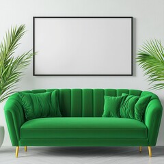 Stylish green couch in a bright white room complimented by a fresh plant for a relaxed living space