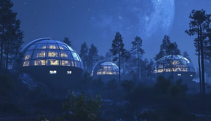 Fototapeta premium Futuristic dome houses in a serene forest with the full moon