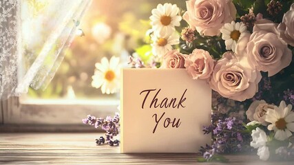 Thank you note with flowers by window ,
lofi anime aesthetic backgrounds , looping seamless time-lapse