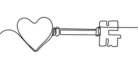 Love key. Continuous line drawing, heart symbol one hand drawn sketch vector illustration. Good for valentine's day greeting banner, poster, and background, Love Keys Black Stroke Linear Icon. 