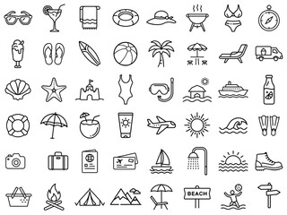 Summer vacation essentials icon set outline, beach and travel concept
