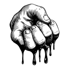 Hand Fist with Black Blood Dripping Detailed Black and White Outline Line Art Drawing Style