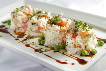 Crab and rice towers topped with fresh herbs and drizzled with savory sauce on white plate