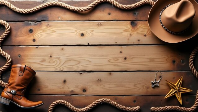 Weathered Aged Wood Plank Border with Rope and Cowboy Gear for Western Theme