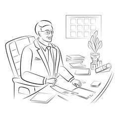 Boss man sitting at the table in the office. Businessman busy with work. Teacher at school. Vector illustration.
