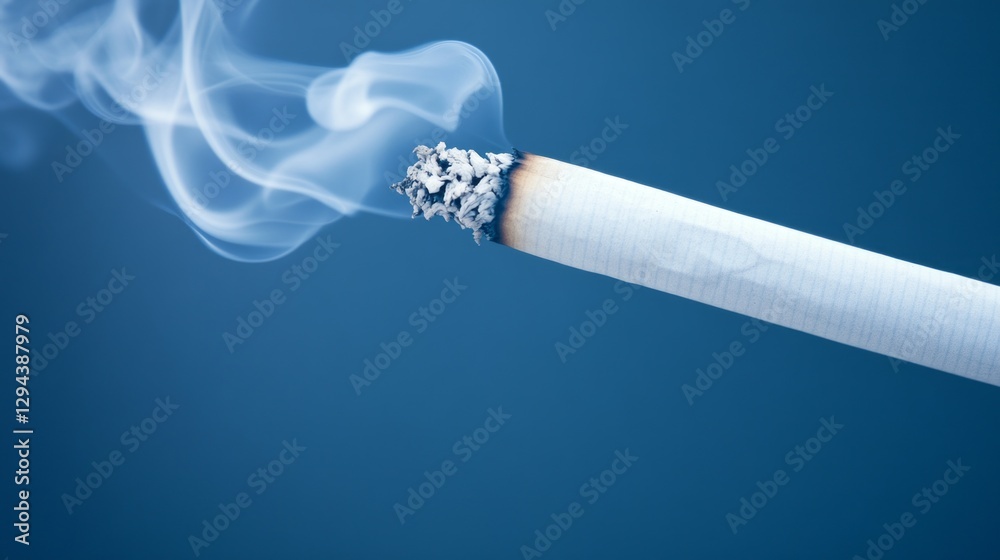 Poster A lit cigarette emits wisps of smoke that curl and swirl into the air, creating an ethereal display against a calming blue backdrop, evoking thoughts and sensations of tranquility
