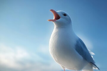 Obraz premium Close-up view of a Seagull perched against the light blue sky backdrop
