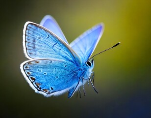 Obraz premium A close up macro photograph of a blue butterfly in the air. 