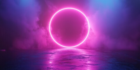 Vibrant neon circle illuminated in foggy atmosphere during night event in an urban setting