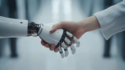 Businessperson shaking hands with a digital AI partner in a futuristic environment, symbolizing artificial intelligence, machine learning, the 4th industrial revolution, digital transformation, digita